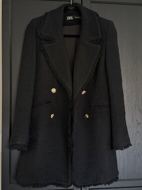 Zara Black Tweed Double-Breasted Pea Coat with Gold Buttons